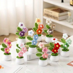 Resim El İşi Örgü Çiçek Saksı Bitkileri - Ev ve Tatil Dekorasyonları için Şirin Örgü Merkez Parçaları, Dokuma Kumaş Çiçek Düzenlemeleri (Çoklu Parça Seti) 