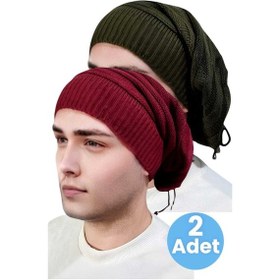 Resim Uniquetrenders 2'li Erkek Kışlık Triko Örgü Bere Ve Boyunluk Haki-bordo 