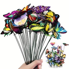 Resim [2D Düz] 100 adet/takım (Kelebekler*50 + Çubuklar*50) 3D Kelebek Tabakları - Canlı Dış Mekan Bahçe ve Çim Dekorasyonu, Bayram Dekoru için Mükemmel. 