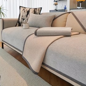 Resim 1 Adet Minimalist Dimi Kumaş Kanepe Örtüsü - Kaymaz Renk Bloklama Geniş Kenar Tasarım, 3/2/4 Kişilik ve Köşe Kanepeler için Tüm Mevsim Lüks Koltuk Pedi, Makinede Yıkanabilir Oturma Odası Dekoru, Şık Ev Aksesuarı 