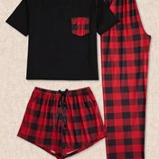 Resim 3 parça bahar/yaz/sonbahar/kış kadın pijama seti, kısa kollu, şortlu, uzun pantolonlu, ekose pantolonlu, cepli üstler, rahat, yumuşak ve konforlu, ev giyimi 