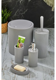 Resim Line 5 Parça Yuvarlak Banyo Seti - Çöp Kovası Wc Fırçası Sıvı-katı Sabunluk Diş Fırças Gri 