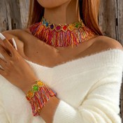 Resim Boho Tatil Stili 2 Parça Set El Dokuma Renkli Püskül Bileklik ve Kolye Seti Kadınlar için, Polyester Elyaf, Kaplamasız, Partiler ve Ziyafetler için Mükemmel, Tüm Sezon Aksesuarı 