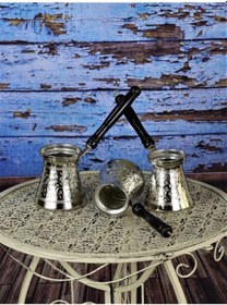Resim Ahşap Saplı Nikelli Üçlü Bakır Cezve Takımı 