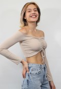 Resim Rosse Butik Kadın Taş Önden Büzgülü Fitilli Crop Örme Bluz 