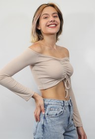 Resim Rosse Butik Kadın Taş Önden Büzgülü Fitilli Crop Örme Bluz 