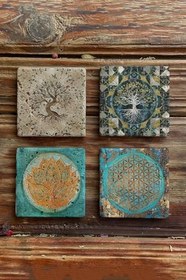 Resim Oscar Stone Decor Taş Bardak Altlığı Stone Coasters - 4Lü Set Hayat Ağacı Yaşam Çiçeği Seti Ba540 