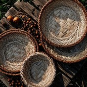 Resim El yapımı Bambu Rattan Yuvarlak Sepet, Avlu Dekorasyonu için Zen Örgü Tabak, Evrensel Tatil Kuş Yem Kabı, Saklama Sepeti 