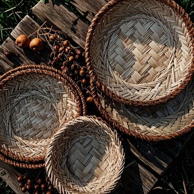 Resim El yapımı Bambu Rattan Yuvarlak Sepet, Avlu Dekorasyonu için Zen Örgü Tabak, Evrensel Tatil Kuş Yem Kabı, Saklama Sepeti 