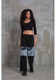 Resim 023 Kadın Cepli Bol Paça Penye Kot Denim Pantolon Beyaz 