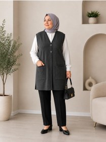 Resim sinankardeşler Kadın Triko Cepli Düğmeli Geniş Beden Yelek 
