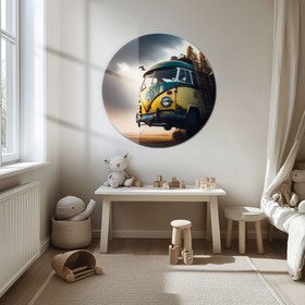 Resim Retro Volkswagen Minibüs Yuvarlak Cam Tablo - MODY003 - 35 x 35 cm 