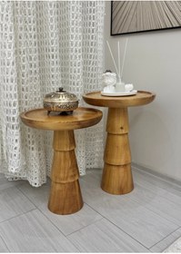 Resim AYLESA Doğal Ahşap 2’li Set Mantar Yan Sehpa Modern Meşe Renk Fiskos Zigon Çiçeklik 