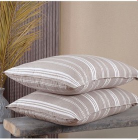 Resim Pamuklu İpliği Boyalı Yıkamalı Kapaklı Yastık Kılıfı 2 Li Set 50x70 Cm Çift İğne Detaylı Bej 