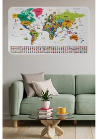 Resim Türkçe Ülke Bayrak Lı Eğitici Başkent Detaylı Atlası Dünya Haritası Duvar Sticker -60x105-3841 Renkli 