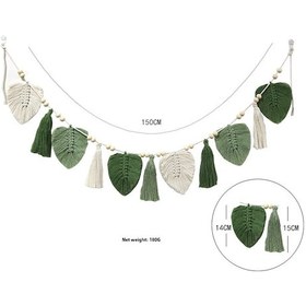 Resim Yifomall Yeşil Pamuk İpi El Dokuma Yaprak Desenli Duvar Örtüsü - 15x150 Cm Ev Odası Dekorasyonu Tiraşlı Perde 