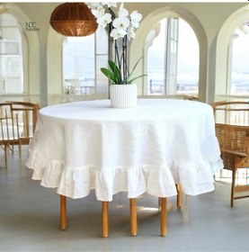 Resim Dnc Home Tekstil Premium Beyaz Keten Fırfırlı Yuvarlak Masa Örtüsü 001 