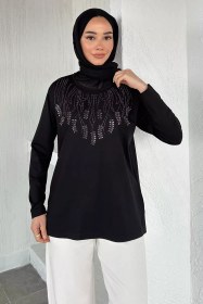 Resim Taşlı Tesettür Anne Penye Bluz Siyah TZL-P-00021461 