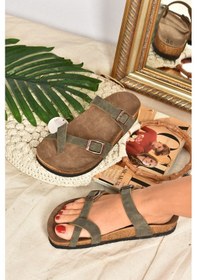 Resim Fox Shoes Yeşil Süet Parmak Arası Kadın Terlik K777613402 