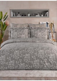 Resim Flora Serisi Fırfırlı Çift Kişilik 6 Parça Nevresim Takımı--77 Gri Koyu 