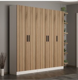 Resim Minar Kale 210 Cm 5 Kapaklı 3b Raf Portmanto Beyaz Dore 