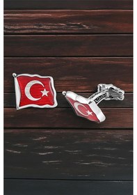 Resim Gümüş Dalgalı Türk Bayrağı Mineli Kol Düğmesi 