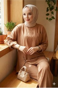 Resim modamira Kadın Taba Çilek Kumaş Asimetrik 2li Tesettür Tunik Pantolon Ikili Pantolonlu Takım 
