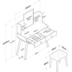 Resim Rani BJ102 Makyaj Masası 2 Çekmeceli Raflı Aynalı Takı Düzenleyici + Tabure Takım Beyaz 