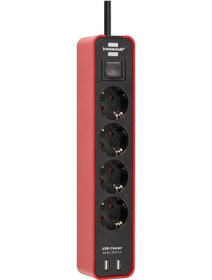 Resim Brennenstuhl Ecolor 2xUSB Hızlı Şarj Özellikli 4'lü Priz 1.5 Metre Kırmızı 