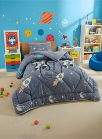 Resim Tek Kişilik Astronot Desenli Çift Taraflı Wellsoft Yorgan Gri 