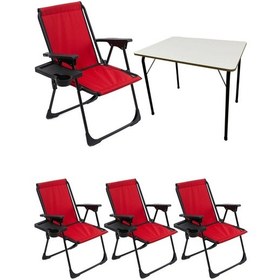 Resim Natura 4 Adet Kamp Sandalyesi Dikdörtgen Bardaklık Kırmızı + Masa Kırmızı 