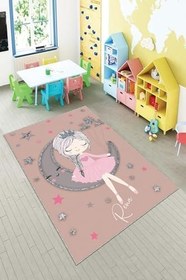 Resim Pelangi Pudra Prenses Desenli Kız Çocuk Yıkanabilir Kaymaz Taban Leke Tutmazbebek Ve Çocuk Odası Halısı, Pudra-Gri 60 x 200 