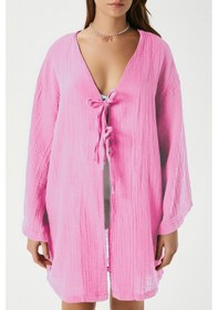 Resim Ritnice Kadın Sandra %100 Pamuk Müslin Bağcıklı Pembe Kimono Pembe 