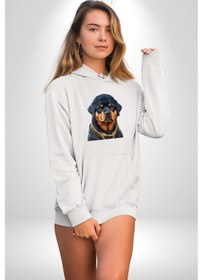 Resim Rottweiler Koca Kafa Puppy Kadın Erkek Beyaz Kapüşonlu Sweatshirt Hoodie Beyaz 