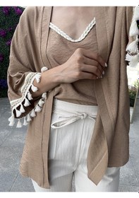 Resim Kol Detaylı Salaş Keten Kimono - Kahverengi-102 Sarı 