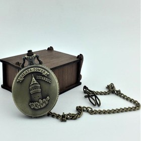 Resim Hediye Sahibi Retro Tasarımlı Quartz Galata Kulesi Kabartmalı Zincirli Köstekli Cep Saati 
