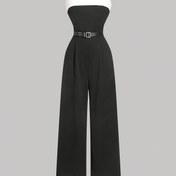 Resim Kadınların Şık Tek Renk Polyester Jumpsuit, Uzun Kollu Fermuarlı Geniş Bacaklı Overaller, Yaka Yok Tüm Mevsim Moda, 190g/m² Dokuma Kumaş, Kuşak Yok - Yetişkin 