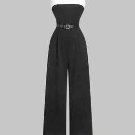 Resim Kadınların Şık Tek Renk Polyester Jumpsuit, Uzun Kollu Fermuarlı Geniş Bacaklı Overaller, Yaka Yok Tüm Mevsim Moda, 190g/m² Dokuma Kumaş, Kuşak Yok - Yetişkin 