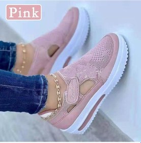 Resim Pembe Kadın Yaz Nefes Yuvarlak Kafa Kama Platformu Slip-on Sandalet Düz Renk Terlik Sallamak Ayakkabı Uçan Dokuma Velcro Hafif Spor Ayakkabı Ayakkabı Pembe 