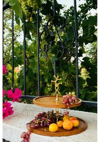 Resim 2 Katlı 25/30 Cm Gold Çiçekli Ahşap Kek Sunum Standı, Servis Sunu 