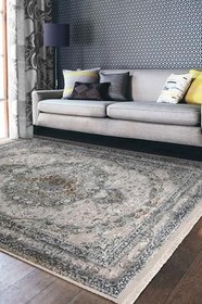 Resim RealHomes Gri Zeminde Göbekli Halı Motifli Uşak Desenli Avangarde Eskitme Motifli Kaymaz Taban Saçaklı Halı HaliDik-Deluxe-11628, 150 x 150 