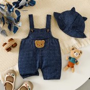 Resim Erkek Çocuklar için Günlük Sevimli Ayı Nakışlı Cep İmitasyon Denim Tulum + Sevimli Kulaklı Şapka, Dış Mekan İçin Mükemmel 