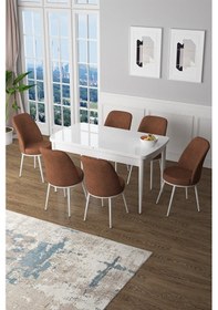 Resim Canisa Concept Zen Serisi 80x132 Mdf Açılabilir Beyaz Masa Takımı Ve 6 Kiremit Sandalye Kiremit Sandalyeler Beyaz Masa 