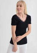 Resim Cotton Mood 91515270 Kaşkorse Önü Arkası V Dantelli Kısa Kol Bluz Sıyah 