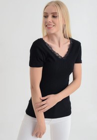 Resim Cotton Mood 91515270 Kaşkorse Önü Arkası V Dantelli Kısa Kol Bluz Sıyah 