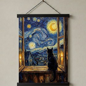 Resim Black Cat Window Print - Van Gogh Starry Night Cozy Cottage Wall Art - With Hanger - Black / 16 x 20" (40x50 cm) 