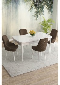Resim Meri Serisi 80x132 Açılabilir Mdf Beyaz Masa Takımı 4 Kahve Sandalye Kahverengi 