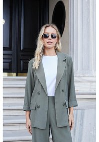 Resim Kadın İpeksi Dokulu Modal Kumaş Yakalı Cep Kapaklı Oversize Salaş Blazer Ceket-haki Haki 