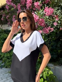 Resim Pusula Sepeti Kadın Kısa Kollu V Yaka Siyah Beyaz Renkli Viskon Iki Iplik Kumaş Eşofman Takımı Siyah 
