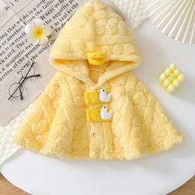 Resim Sevimli Ördek Desenli Şapkalı Kapüşonlu Kaban - Sarıyla Beyaz Kontrast Detaylı, Kolsuz Sonbahar/Kışlık Sıcak Tutan Yumuşacık Çamaşır Makinesinde ykanabilir Düğmeli Üst Giyime Uygundur 